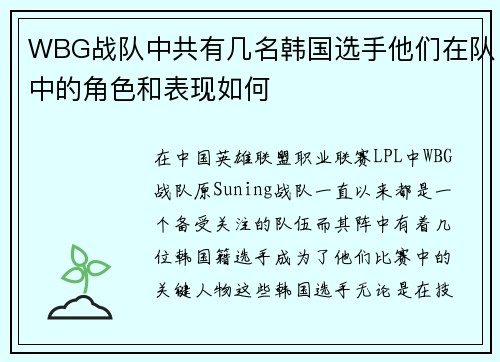 WBG战队中共有几名韩国选手他们在队中的角色和表现如何