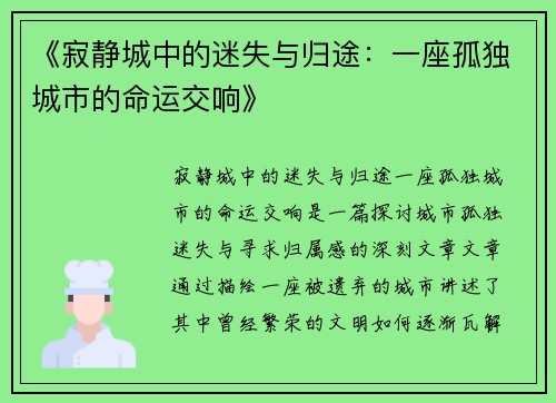 《寂静城中的迷失与归途:一座孤独城市的命运交响》 《寂静城中的迷失与归途:一座孤独城市的命运交响》
